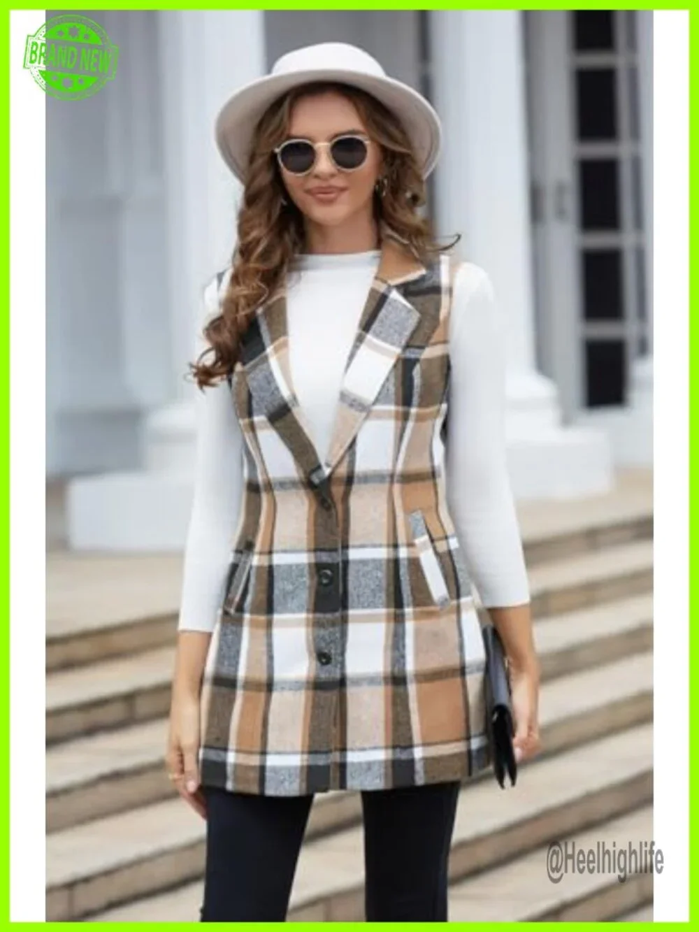 Women's Wool Plaid Notch Lapel Vest Slim Fit Sleeveless Fall Winter